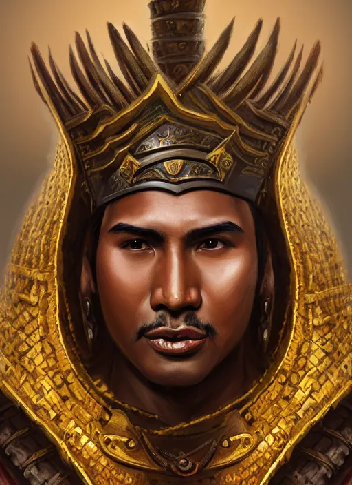 Prompt: smart tai warlord, ayutthaya, closeup portrait, without beard and mustache, historical hero, ethnic group, tai costume, tai traditional bronze headdress, intricate, with leather armor cross on bare chest, elegant, loin cloth, highly detailed, oil painting, artstation, concept art, matte, sharp focus, illustration, hearthstone, art by earl norem