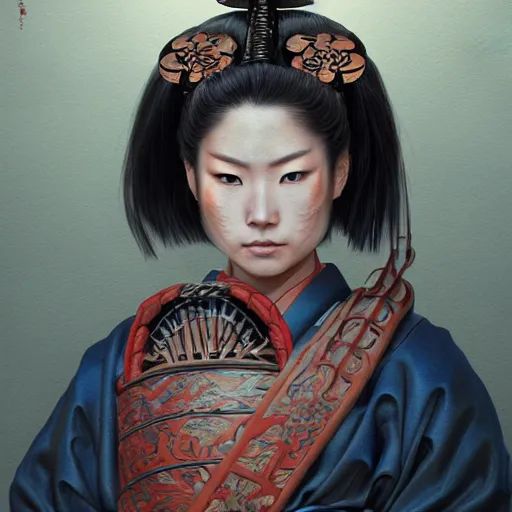 Image similar to portrait of a Asian samurai woman onna-musha, muscular, upper body, D&D, fantasy, intricate, cinematic lighting, highly detailed, digital painting, artstation, concept art, smooth, sharp focus, illustration, art by Hajime Sorayama