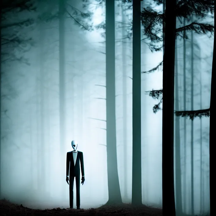 Image similar to cinematic still of slenderman in eerie dark forest, XF IQ4, f/1.4, ISO 200, 1/160s, 8K, RAW, dramatic lighting, symmetrical balance, in-frame