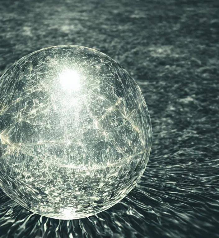 Prompt: a beautiful illustration of a faceted crystal ball in water + prism + god rays + dramatic lightning + backlit + specular highlights + ambient occlusion + global illumination + bump map + reflective + caustics + refractive + unreal engine 5 + DOF + sharp focus