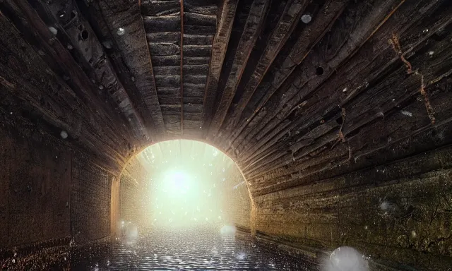 Image similar to beautiful picture of a magical vertical cylindrical tunnel made of big upside-down raindrops joining a dried up river with the sun, highly-detailed, fantastic, dramatic lighting, artstation, 4k