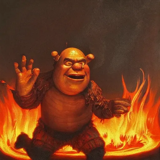Image similar to baroque oil painting of shrek standing in hell, overcast, evil, lava and fire