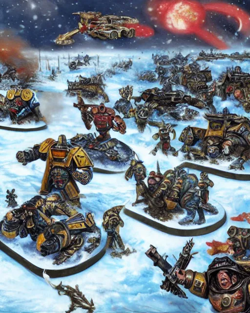 Prompt: postcard showing 'warhammer space marines frollicking in the snow' laying on coffee table, zoomed out, HD, iphone capture
