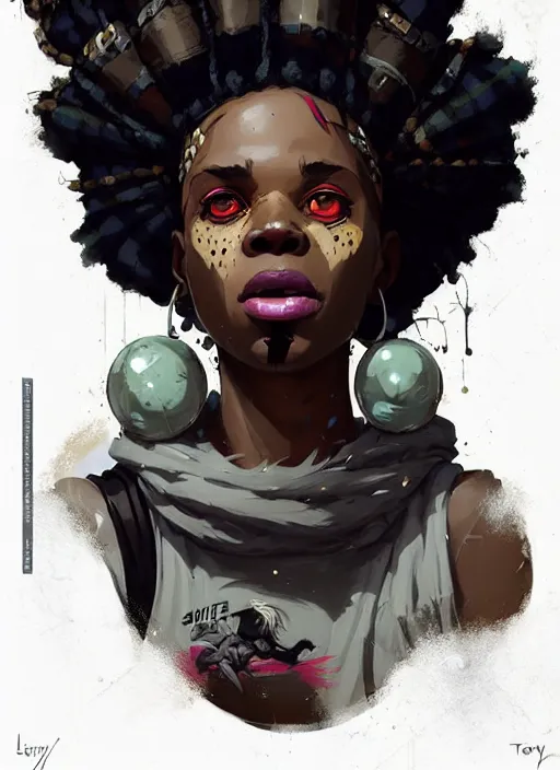 Prompt: highly detailed portrait of a sewer punk african lady, tartan hoody, white afro hair by atey ghailan, by greg rutkowski, by greg tocchini, by james gilleard, by joe fenton, by kaethe butcher, gradient cyan, brown, blonde cream and white color scheme, grunge aesthetic!!! ( ( graffiti tag wall background ) )