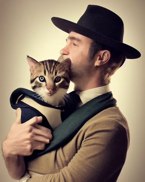 Image similar to gentlemen wearing a hat and wearing a baby sling on the back with a kitten in the sling, studio portrait, golden ratio, backlit, steampunk