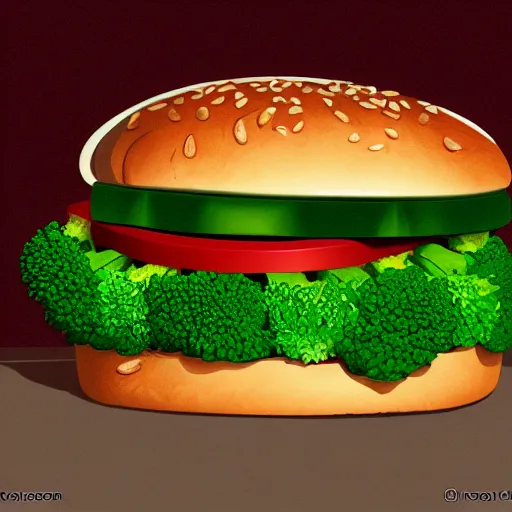 Prompt: a cat eats a multilayer vegetarian broccoli burger, highly detailed, digital painting, sharp focus, fantasy art