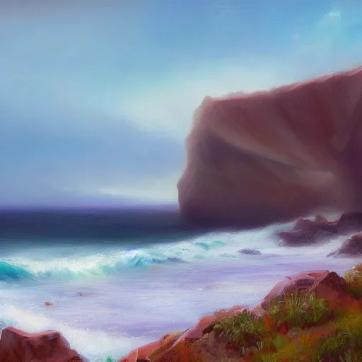 Image similar to ranch by a windy ocean cliff aesthetic, oil painting, pale colors, high detail, 8 k, wide angle, trending on artstation,