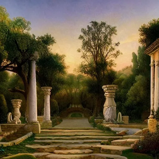 Image similar to a painting of a sunset in a park, an art deco matte painting by Edwin Deakin, pinterest, stone paths with a stone wall, pavilion, columns, vines, german romanticism, detailed painting, pre-raphaelite