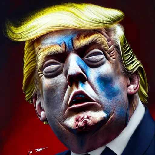 Prompt: portrait donald trump as a zombie looking down, 7 days to die zombie, fine art, award winning, subtle earthy tones, intricate, elegant, sharp focus, cinematic lighting, digital painting, 8 k concept art, by michael hussar and greg manchess and brom and z. w. gu, 8 k