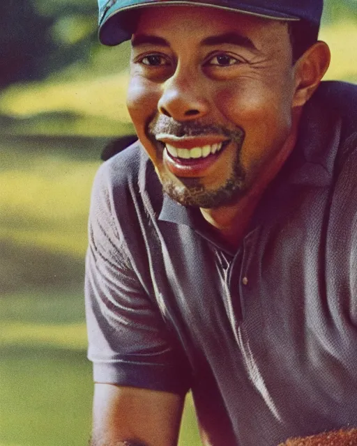 Image similar to a portrait of a 1 9 6 0 s hippie looking like tiger woods
