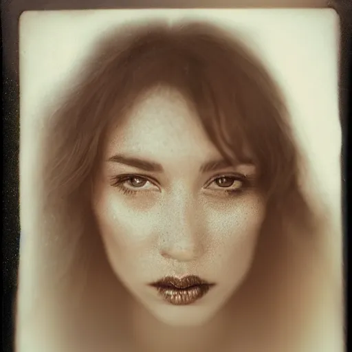 Prompt: fuji film, wetplate, motion blur, realistic character portrait photo of a beautiful woman, muted colours, by britt marling, glitter