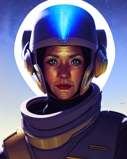 Image similar to portrait of a starship captain with a helmet as an apex legends character digital illustration portrait design 3 / 4 perspective, detailed, gorgeous lighting, wide angle action dynamic portrait