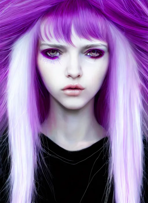 Image similar to hair whitebangs hair, black cyberlox, portrait of normal teenage girl, white bangs, messy bangs, fluffy bangs, cyberlox, whitebangs, red irises, purple background, intricate, elegant, highly detailed, digital painting, artstation, concept art, sharp focus, smooth, illustration, art by wlop, mars ravelo and greg rutkowski