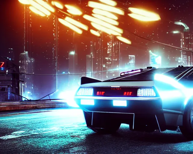 Image similar to photo of a vehicle concept design delorean being chased by police on wet cyberpunk city streets at night, rocket league tank, mad max, action, speed, volumetric lighting, hdr, gta 5, makoto shinkai, syd mead, borderlands, fast and furious, octane, 8 k