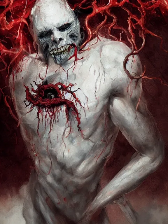 Image similar to painting by greg rutkowski of a flying sorrowful looking severed human head with tears running down it's eyes, face that is chalk white in color, with long sprawling white tentacles stemming down it's neck, fiery scorching red eyes, flying in a terrying hellish dark cavernous place