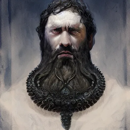 Image similar to A portrait of a cleric of Cthulu with short dark hair and a trimmed beard, he wears a cubic sandstone pendant around his neck, as dark magic emanates from his necklace tentacles spur from the water, digital art by Ruan Jia