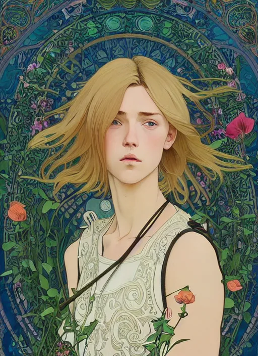 Prompt: pretty young man with shoulder length blond hair, half body shot, emotional, decorative flower patterned background, path traced, highly detailed, high quality, digital painting, by studio ghibli and alphonse mucha, leesha hannigan, hidari, disney, jules bastien - lepage, art nouveau, martine johanna, android jones, andreas rocha