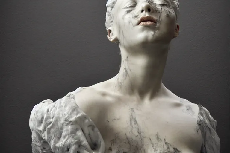 Image similar to a sculpture of a beautiful woman sitting on a chair, a white marble sculpture covered with floating wax by nicola samori, behance, neo - expressionism, marble sculpture, apocalypse art, made of mist