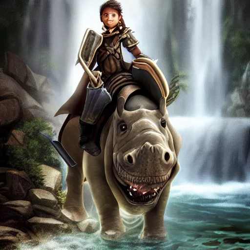 Image similar to a hd photo of skinny tan 1 0 year old half - asian boy with dark anime hair riding an armored hippo down a waterfall with a large sword in one hand and a shield in the other hand, photorealistic, high definition face, scowl on face