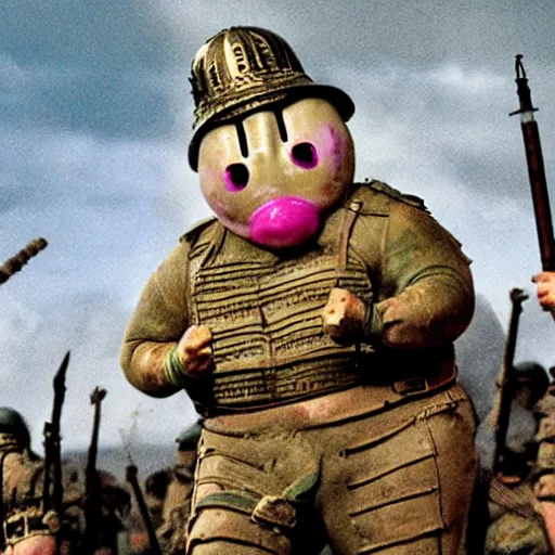 Prompt: mr, blobby goes on a roman rampage, militaristic