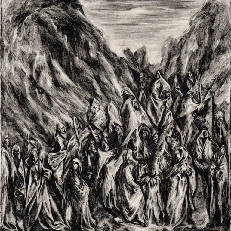 Prompt: A Holy Week procession of grim reapers in a lush Spanish landscape at night. A hooded figure at the front holds a cross. El Greco.