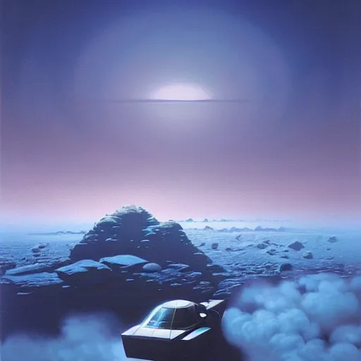 Image similar to Frozen frontiers on an alien planet, floating mountains above clouds in the background, vanishing perspective of a road, ravine, Syd Mead, John Harris, Federico Pelat,