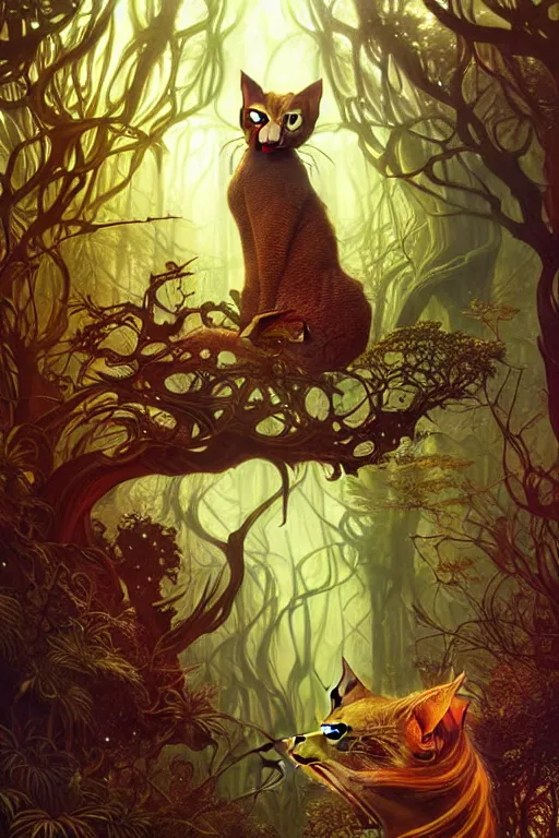 Prompt: metallic gold cat doing magic in the gnarly forest by Android Jones, tom bagshaw, mucha, karl kopinski