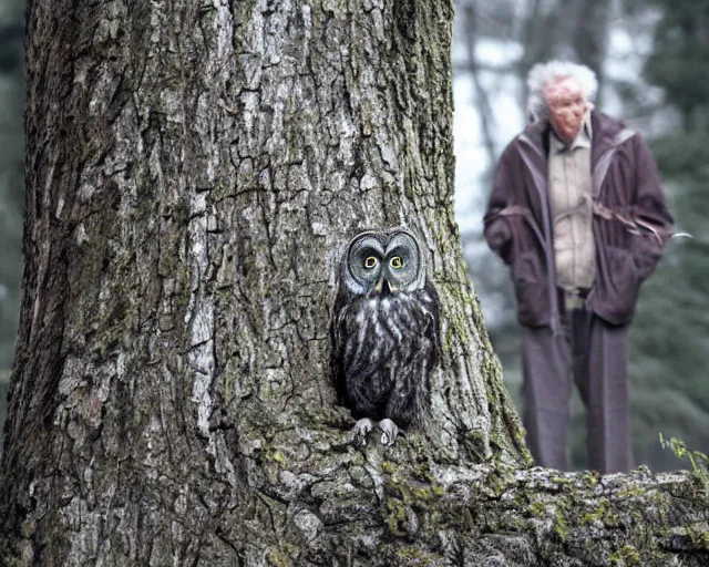 Image similar to an old man sees a great grey owl in a maple tree in front of him, concept art, realistic modern supernatural horror thriller aesthetic, hd 4 k 8 k digital photography render, inspired by steve prescott and michael whelan and dave mckean. layout in the style of christopher mckenna and gregory crewdson