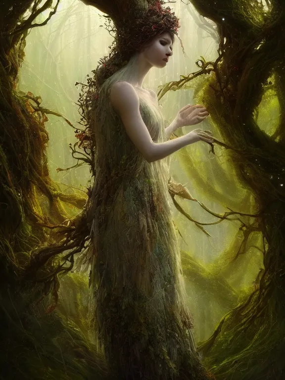 Image similar to Full View Portrait Mystical ethereal deity of oak trees wearing beautiful dress in a magic forest, Oak Dryad made of vines tree bark moss beautiful dress, 4k digital masterpiece by Greg Rutkowski and Ruan Jia and Tom bagshaw, Alberto Seveso, fantasycore, Hyperdetailed, realistic oil on linen, soft lighting, featured on Artstation, textured, stylized, intricate details