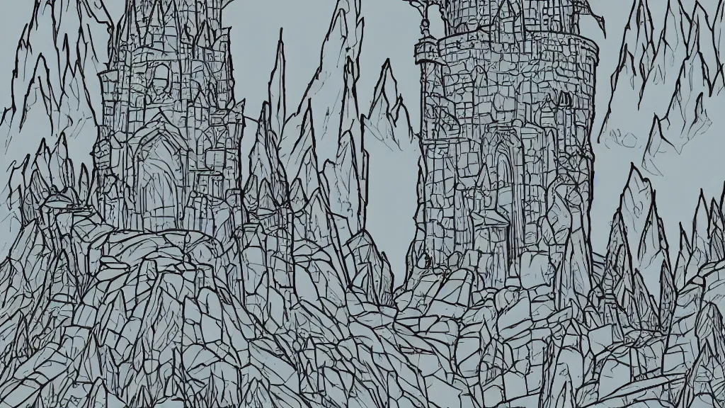 Prompt: wizard tower surrounded by mountains, lineart colored