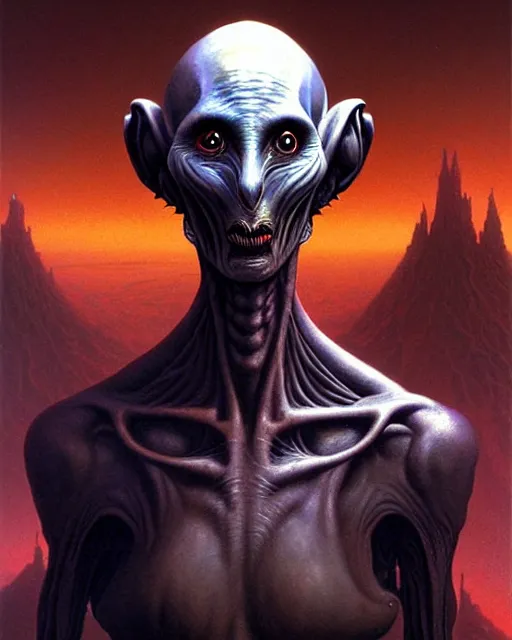 Prompt: a fantasy style portrait painting of an alien from barlowe's guide to extraterrestrials, high - tech city background oil painting unreal 5 daz. rpg portrait, extremely detailed wayne barlowe michael whelan artgerm greg rutkowski greg hildebrandt tim hildebrandt