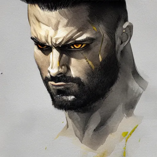 Prompt: watercolor artwork of a computer headed muscular man with yellow eyes, gigachad, dramatic black and white, concept art, super detailed, 4 k hd, trending on artstation, digital painted, low contrast, made by greg rutkowski and viktoria gavrilenko