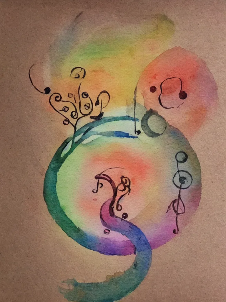 Prompt: a watercolor painting of an acorn that turns into a tree in the shape of a treble clef with some light and dark effects, playful and carefree