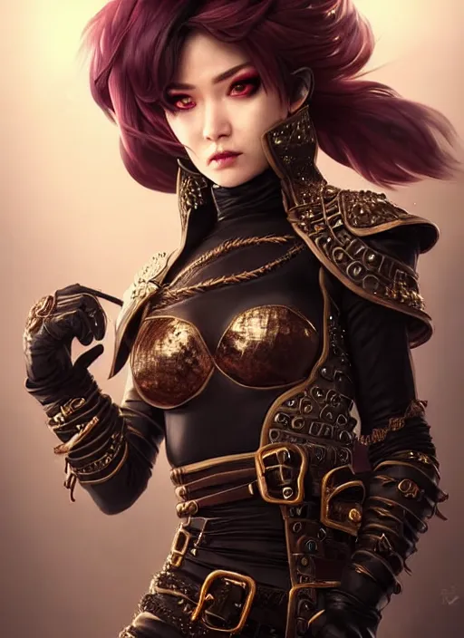 Image similar to rogue, fantasy ornate leather bandit outfit!!! close - up portrait beautiful and athletic short hair female!! gorgeous face and eyes!! character concept art, sharp focus, octane render! unreal engine 5! highly rendered!! trending on artstation!! detailed linework!! illustration by artgerm, wlop, and chie yoshii