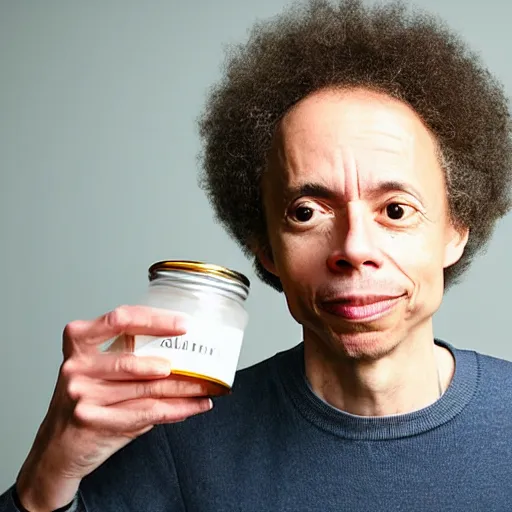 Image similar to Malcolm Gladwell sniffing from a jar with smell lines coming from it