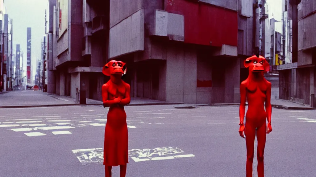 Prompt: a woman in a red dress wearing a red baboon mask standing alone on an empty street in downtown Tokyo , film still from the an anime directed by Katsuhiro Otomo with art direction by Salvador Dalí, wide lens