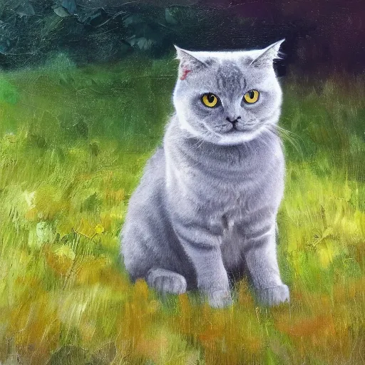 Prompt: a grey scottish fold cat sitting in the middle of sunny meadow, oil painting