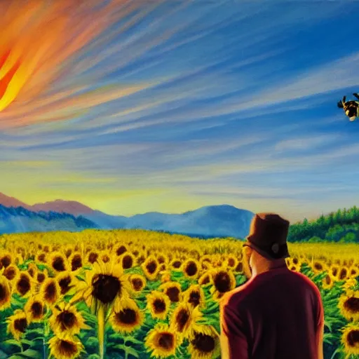 Image similar to painting of a man looking out into a sunset behind hills, bees around him, clouds everywhere in a sunflower field