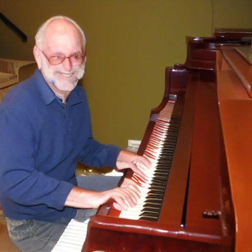 Prompt: terry silver playing a large piano with his feet