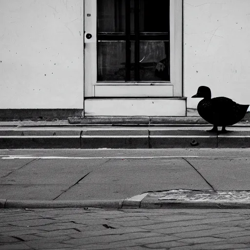 Image similar to A duck staring at a homeless person, cinematic, professional photography,