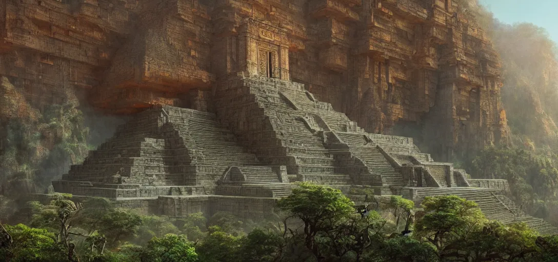 Image similar to beautiful highly detailed matte painting of an intricate mayan futuristic brutalist jade ancient temple in a valley surrounded by canyons, by Craig Mullins and Denis Villeneuve, octane rendering, 8k