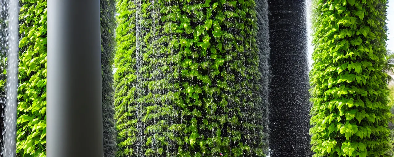 Prompt: torus shaped electrostatic water condensation collector tower, irrigation system in the background, vertical gardens, in the middle of the desert, XF IQ4, 150MP, 50mm, F1.4, ISO 200, 1/160s, natural light