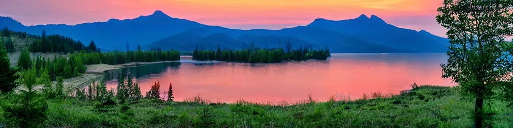 Prompt: sunset lake over the mountains