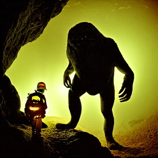 Image similar to cave explorer finding a black tar nightmare monster. horrifying 4 k extreme detail lit by torchlight. expired found film