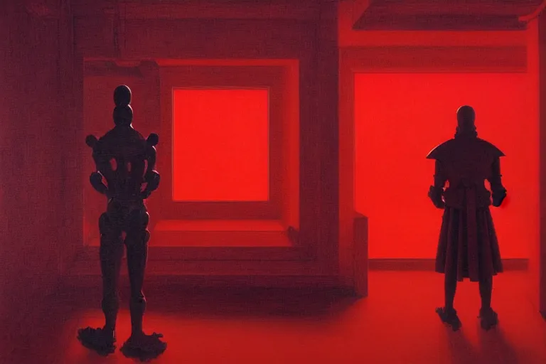 Image similar to only with red, a red samurai humanoid, tokio futuristic in background, some evil yokai, in the style of beksinski, parts by edward hopper, parts by rodcenko, parts by yue minjun, intricate and epic composition, red by caravaggio, insanely quality, highly detailed, masterpiece, red light, artstation, 4 k