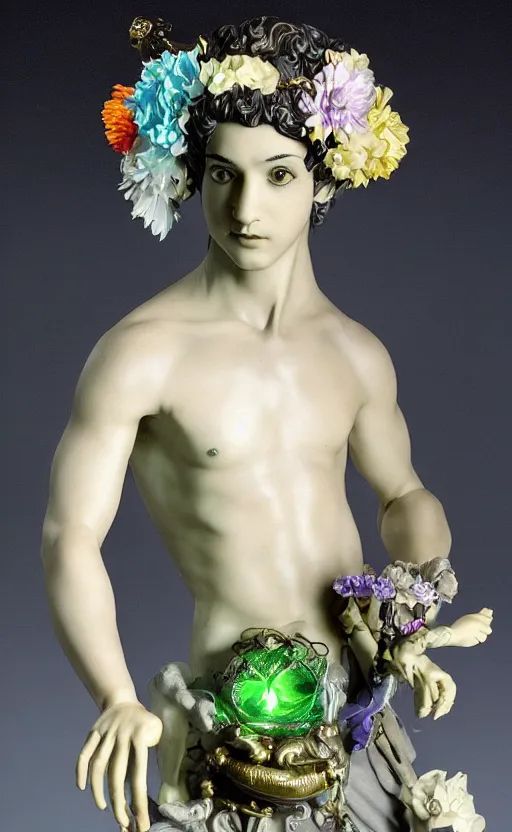 Prompt: a young handsome seductive latino porcelain sculpture of a prince with a head of a CRT monitor and a large glowing violet crystal in the center of his chest, full-body bronze cyberpunk style statue of Andromeda with glowing green laser eyes, crown of mechanical chrysanthemums, flowing aqua silk, fabric, steampunk flowers. baroque elements, human hands. full-length view. baroque element. intricate artwork by caravaggio. many flying horses on background. Trending on artstation, octane render, cinematic lighting from the right, hyper realism, octane render, 8k, depth of field, 3D