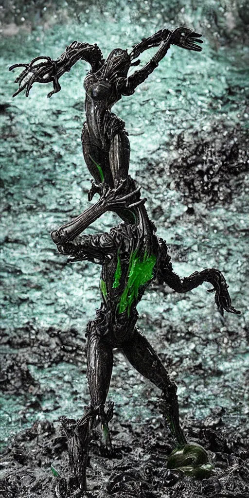 Image similar to bootleg figure of a plastic green acid xenomorph diorama drowning on the mud water, secondhand, rain stormcloud by Luis Royo, mcfarlane, cursed photography, middle shot