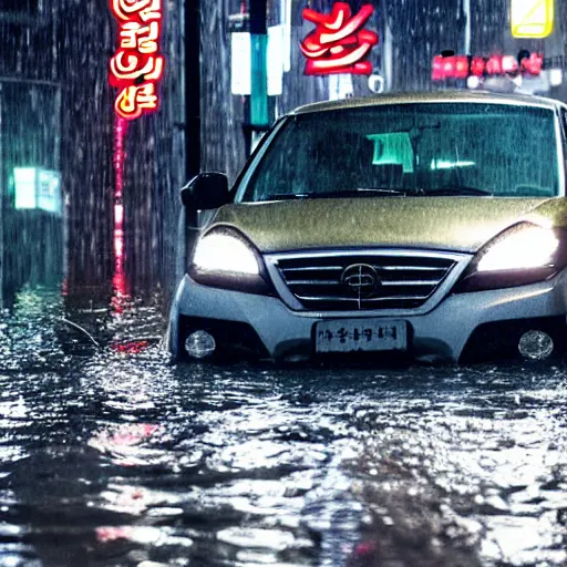 Image similar to seoul city is flooded by heavy rain. A guy with suit is sitting on the top of the A car is middle of the street flooded. Shinkai Makoto Ghibli anime style