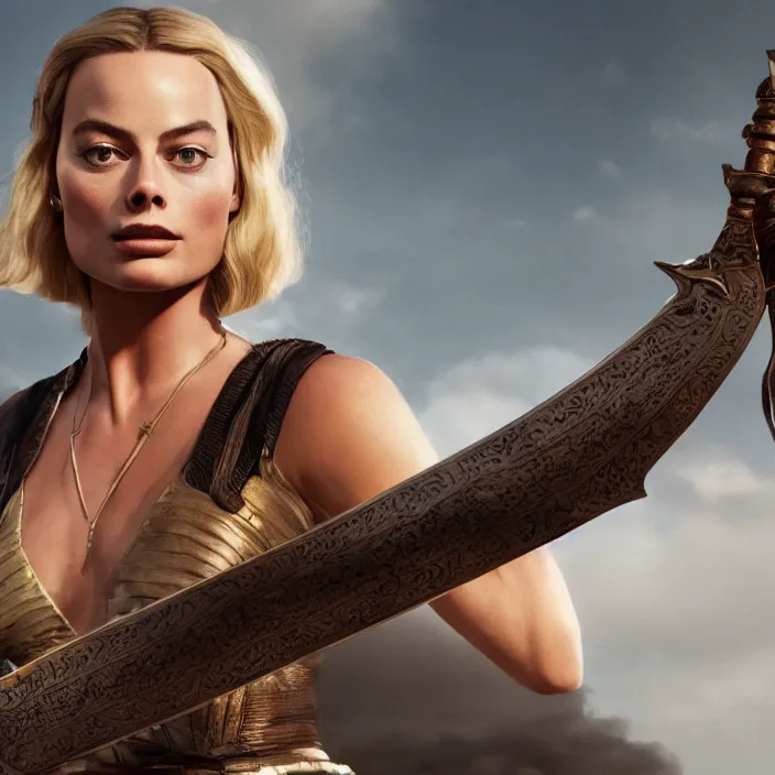 Prompt: margot robbie, holding broadsword. very coherent symmetrical artwork. cinematic, high detail, octane render, 8 k