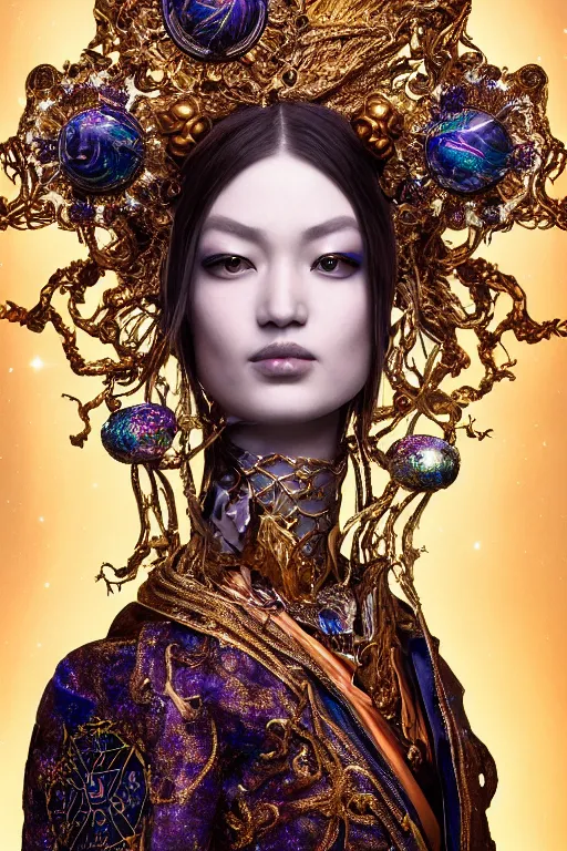 Image similar to a beautiful empress portrait, with a brilliant, impossible striking big cosmic galaxy headpiece, clothes entirely made out of cosmos chaos energy, symmetrical, dramatic studio lighting, rococo, baroque, jewels, asian, hyperrealism, closeup, D&D, fantasy, intricate, elegant, highly detailed, digital painting, artstation, octane render, 8k, concept art, matte, sharp focus, illustration, art by Artgerm and Greg Rutkowski and Alphonse Mucha